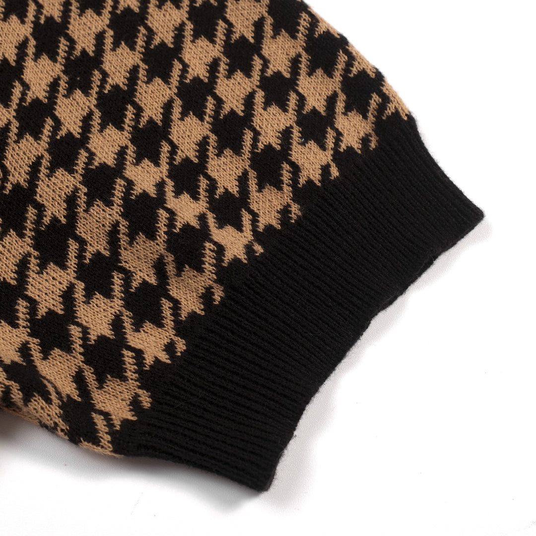 Maglia Cardigan Donna in Jacquard Pied de Poule Anni '70 con Cintura in Vita, Colore Kaki