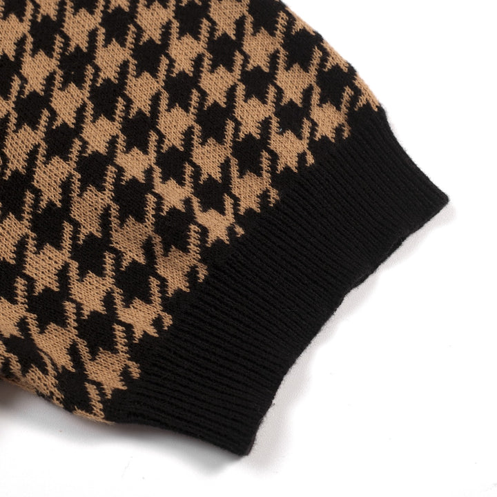 Maglia Cardigan Donna in Jacquard Pied de Poule Anni '70 con Cintura in Vita, Colore Kaki
