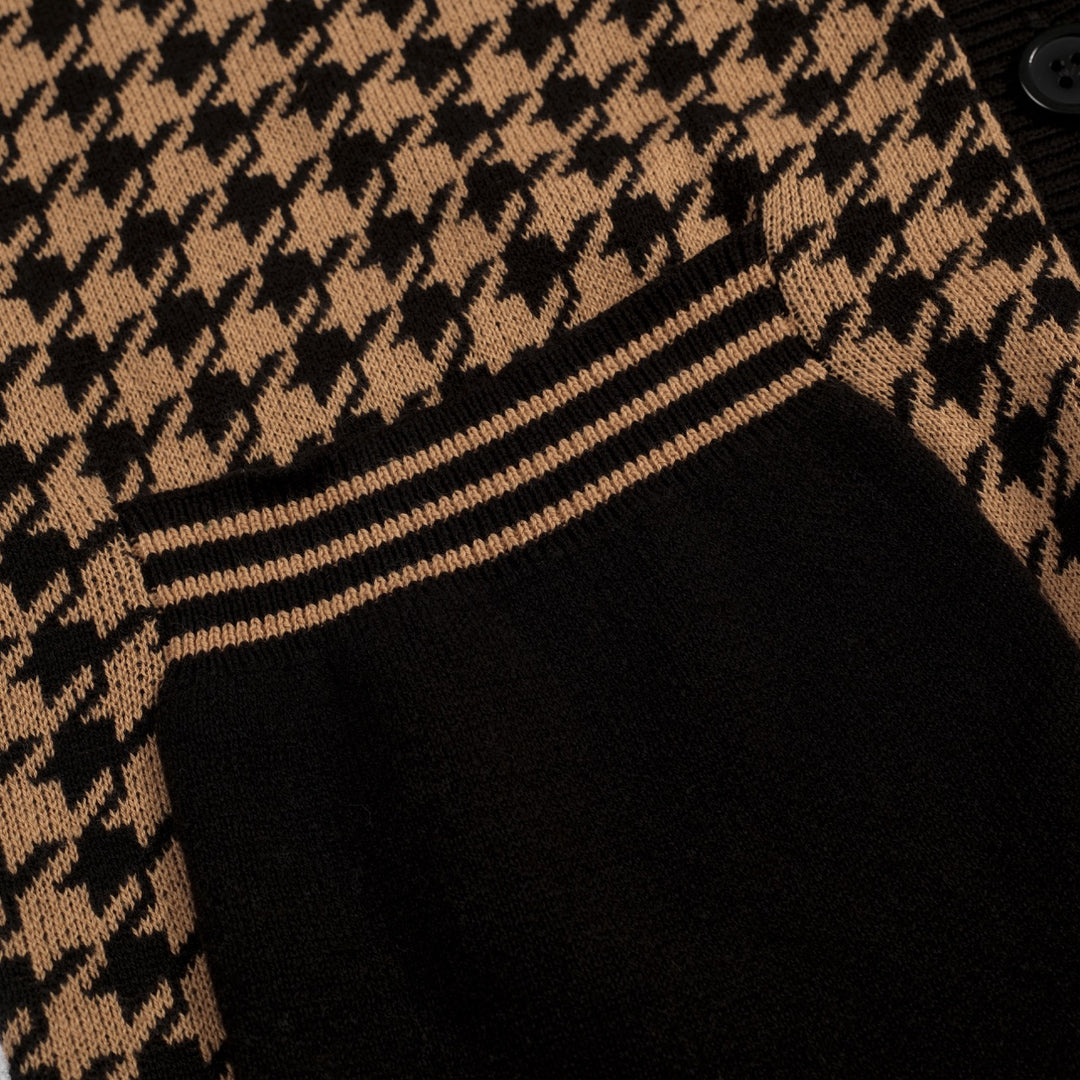 Maglia Cardigan Donna in Jacquard Pied de Poule Anni '70 con Cintura in Vita, Colore Kaki