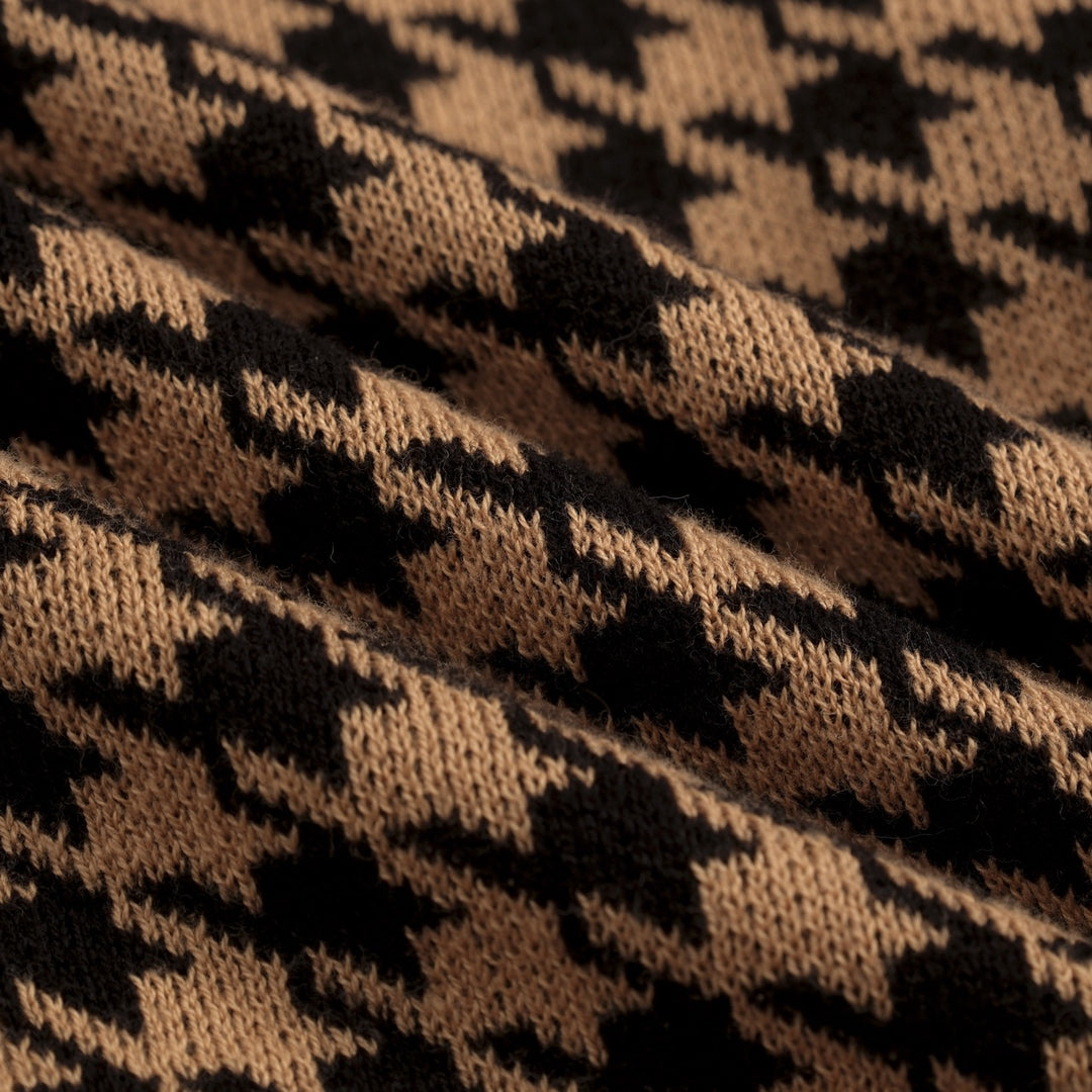 Maglia Cardigan Donna in Jacquard Pied de Poule Anni '70 con Cintura in Vita, Colore Kaki