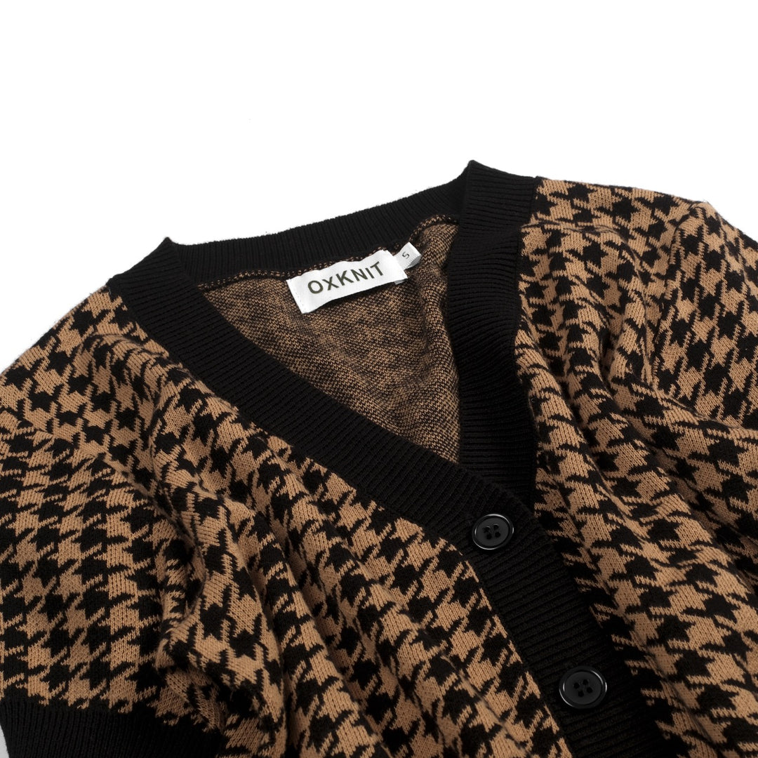Maglia Cardigan Donna in Jacquard Pied de Poule Anni '70 con Cintura in Vita, Colore Kaki