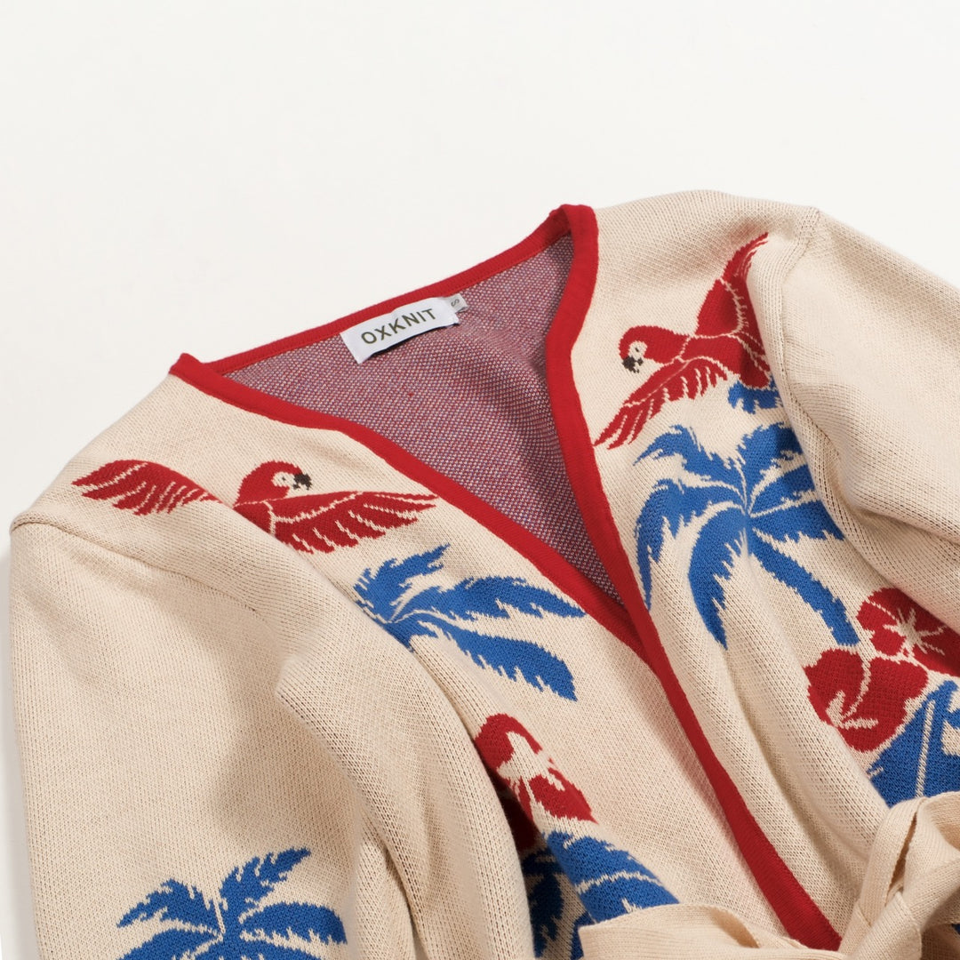Women's Apricot 70s Hawaiian Style Jacquard Knit Half-Sleeve Cardigan T-Shirt