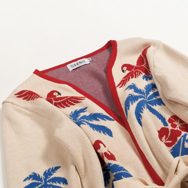 Women's Apricot 70s Hawaiian Style Jacquard Knit Half-Sleeve Cardigan T-Shirt