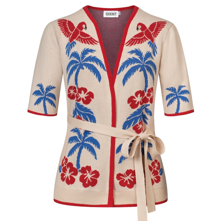 Women's Apricot 70s Hawaiian Style Jacquard Knit Half-Sleeve Cardigan T-Shirt