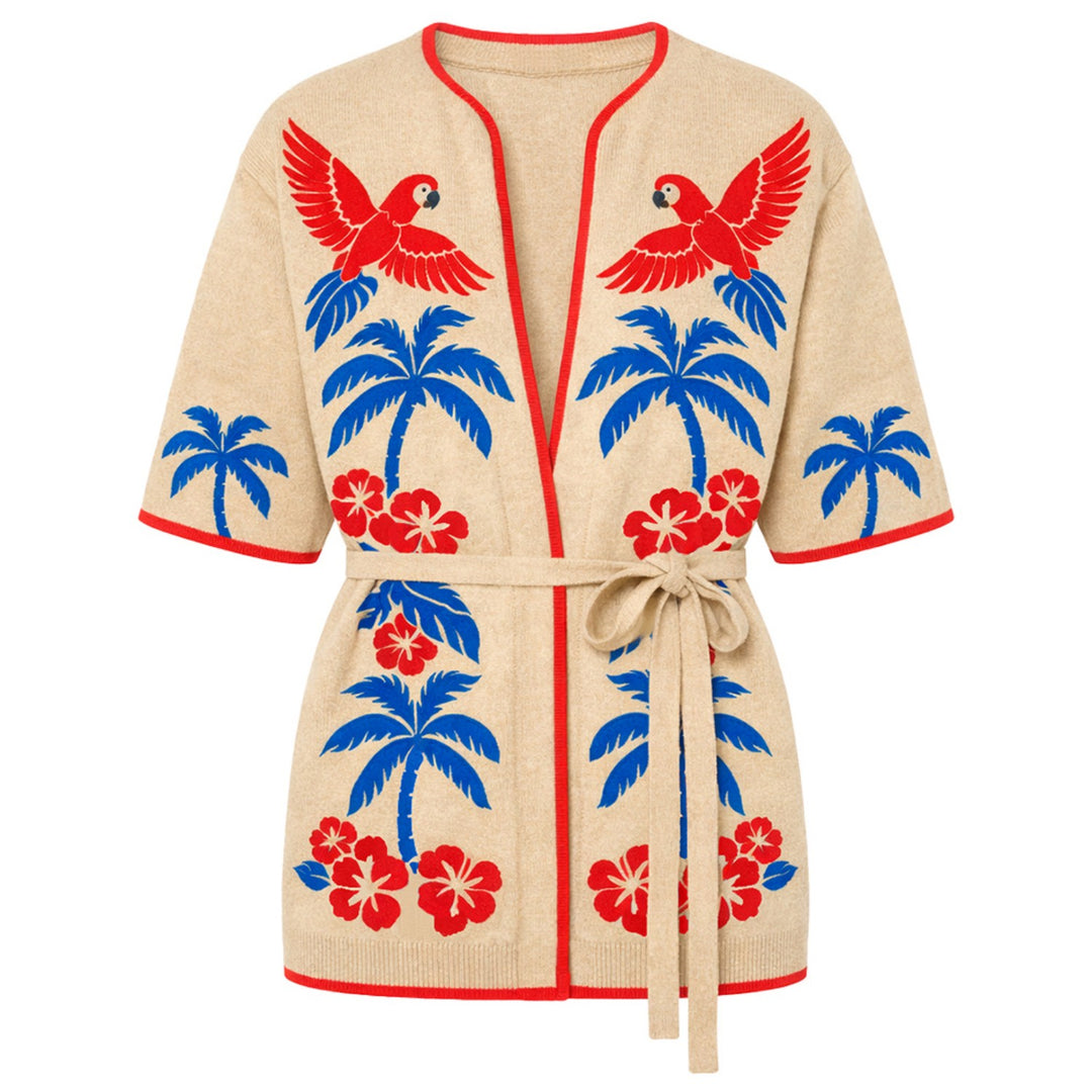 Dames Apricot 70s Hawaiiaanse Stijl Jacquard Gebreid Halve Mouw Vest T-Shirt