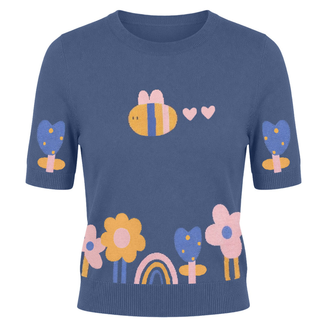 T-shirt da donna in maglia jacquard rosa Cheetah - Lunghezza corta