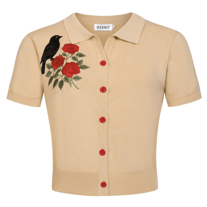 Women's Apricot Retro Bird and Rose Embroidery Knit Cardigan T-Shirt - Cropped Length