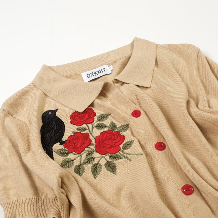 Women's Apricot Retro Bird and Rose Embroidery Knit Cardigan T-Shirt - Cropped Length
