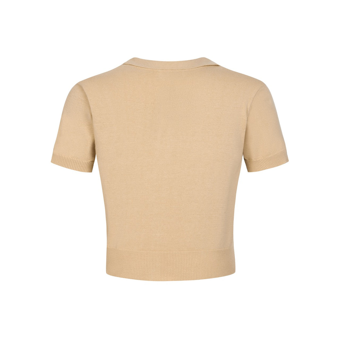 Women's Apricot Retro Bird and Rose Embroidery Knit Cardigan T-Shirt - Cropped Length