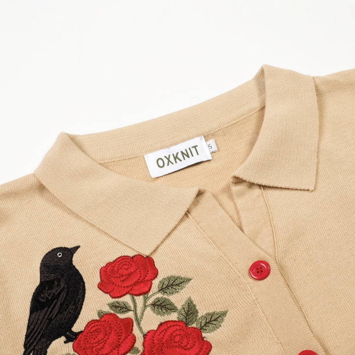 Women's Apricot Retro Bird and Rose Embroidery Knit Cardigan T-Shirt - Cropped Length
