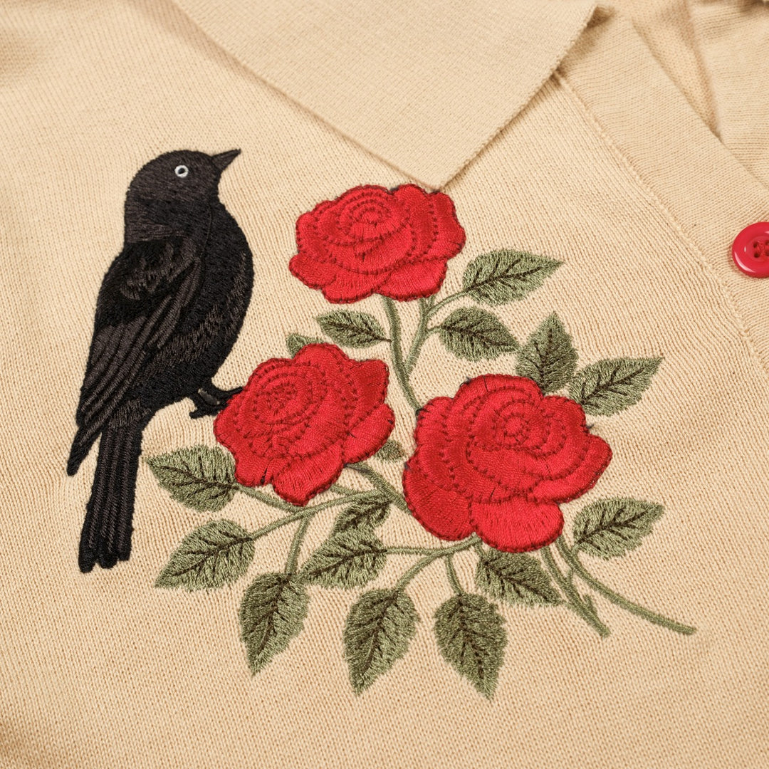 Women's Apricot Retro Bird and Rose Embroidery Knit Cardigan T-Shirt - Cropped Length