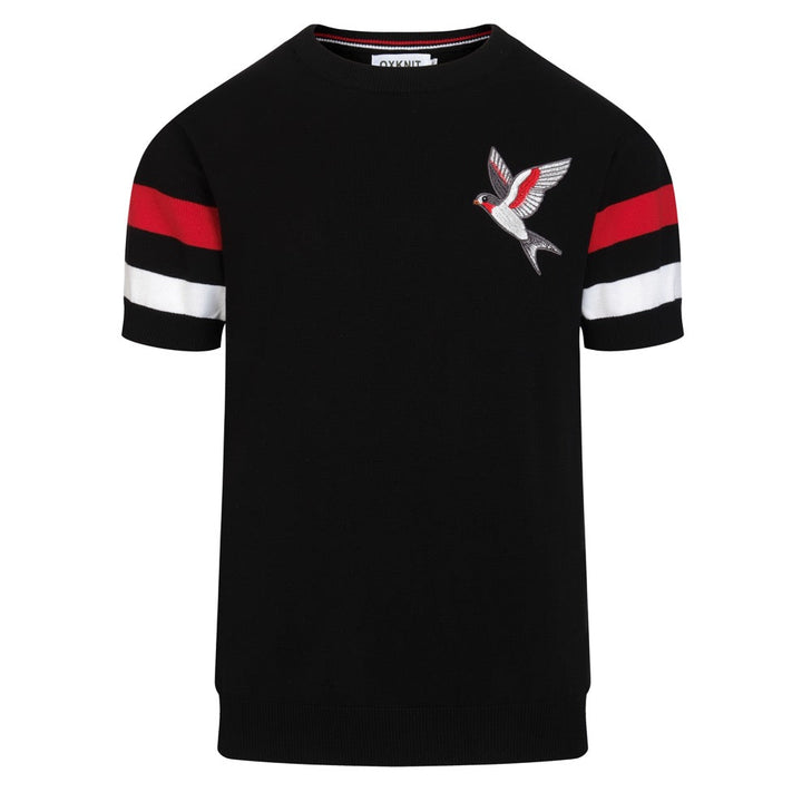 Men's Black Retro Minimalist Bird Embroidery Crewneck Knit T-Shirt