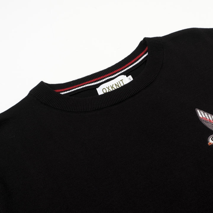 Men's Black Retro Minimalist Bird Embroidery Crewneck Knit T-Shirt