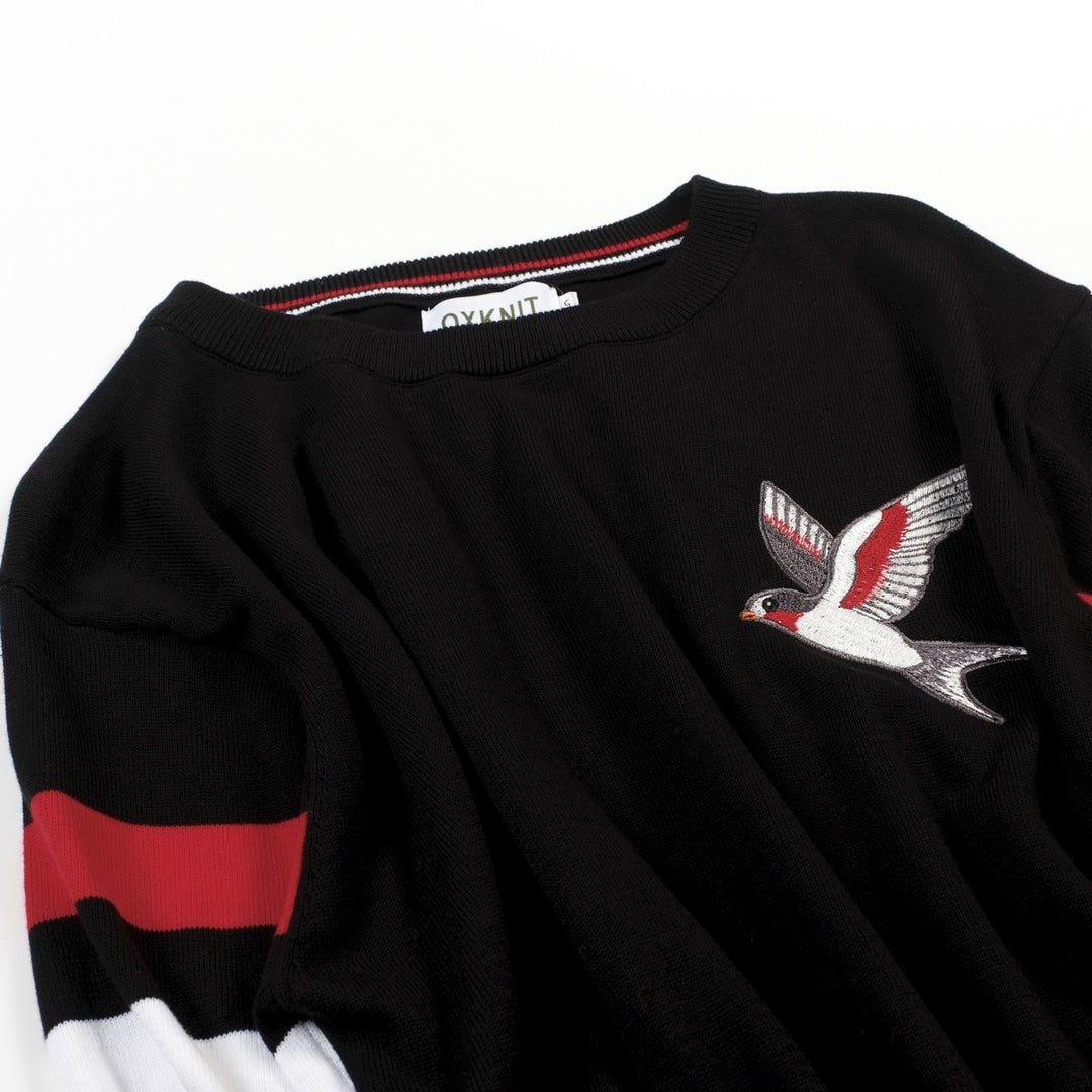 Men's Black Retro Minimalist Bird Embroidery Crewneck Knit T-Shirt
