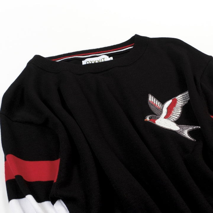 Men's Black Retro Minimalist Bird Embroidery Crewneck Knit T-Shirt