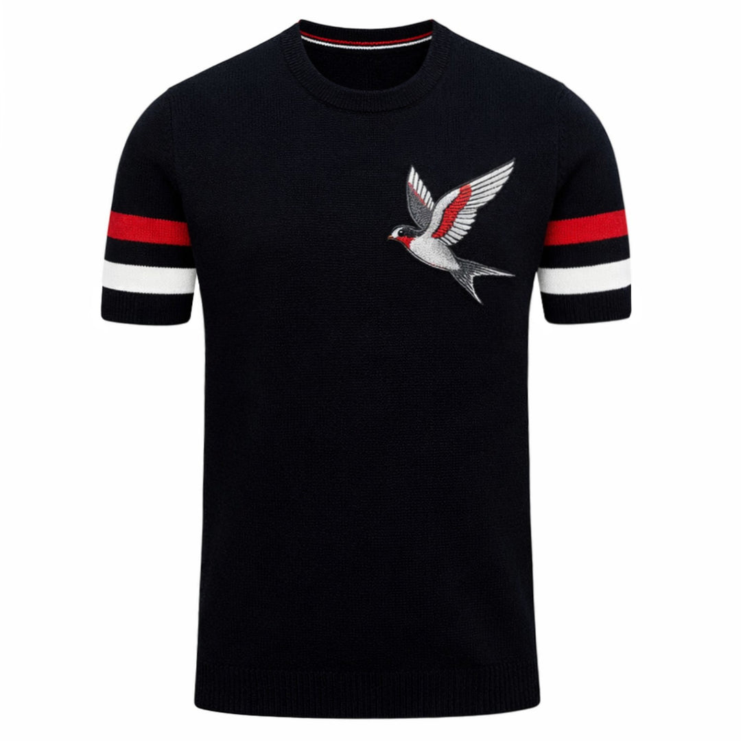 Heren Zwart Retro Minimalistisch Vogel Borduurwerk Crewneck Gebreide T-Shirt