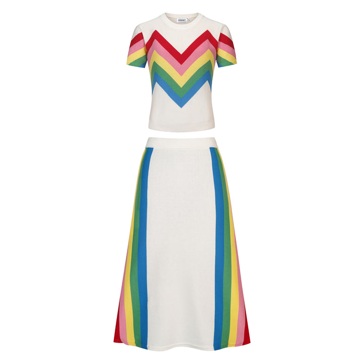Ensemble robe en maille jacquard à chevrons style années 70 pour femme, blanc cassé