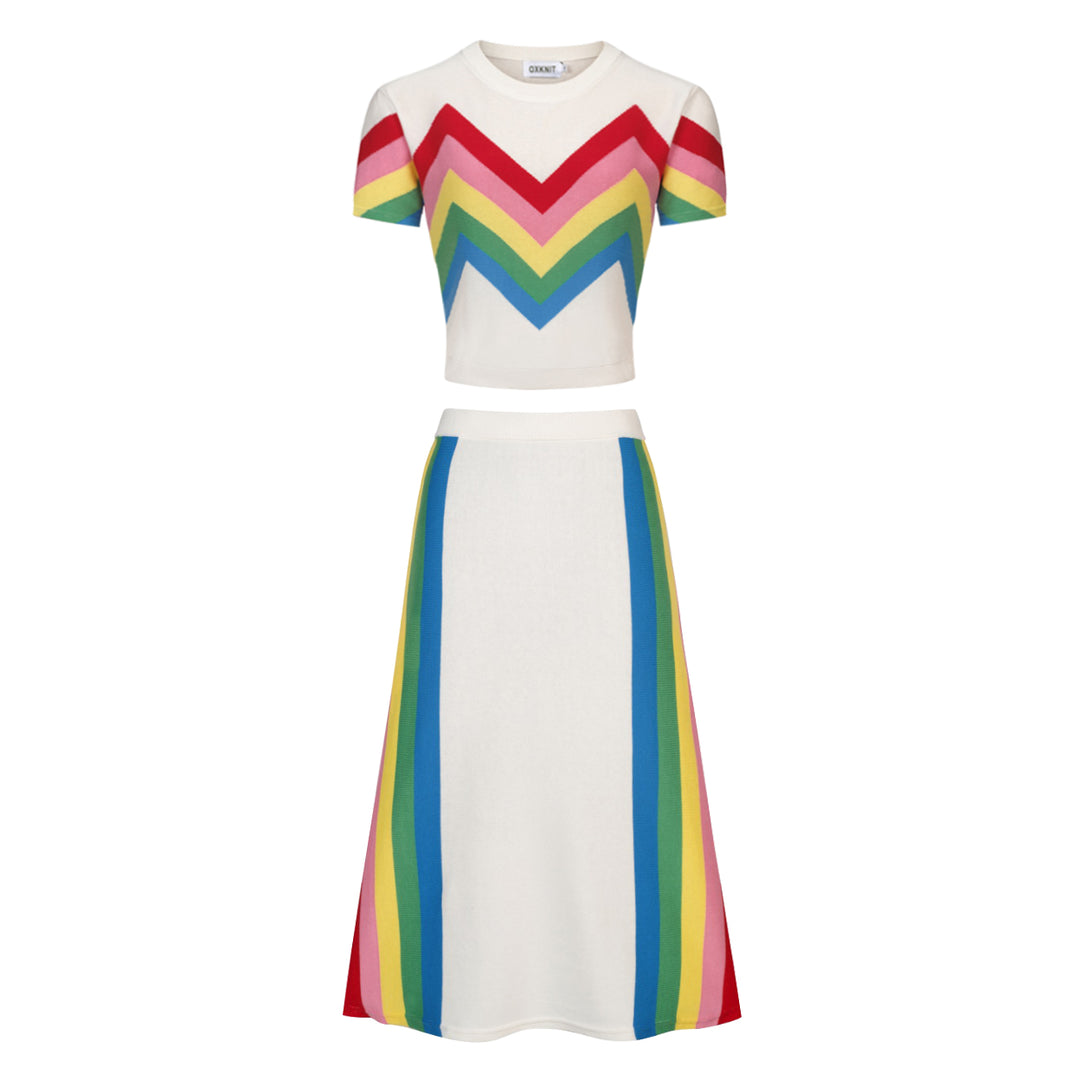 Women's Off-White 70s Chevron Style Jacquard Knit Dress Set, Off-White / XL