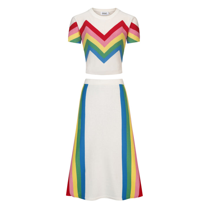 Damen Off-White 70er Chevron-Stil Jacquard-Strickkleid-Set