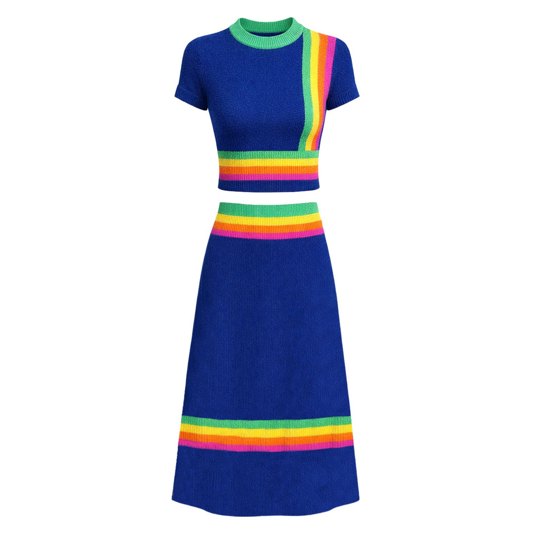 Women's Blue 70s Striped Color-Block Jacquard Knit Dress Set OXKnit Women's Blue 70s Striped Color-Block Jacquard Knit Dress Set OXKnit