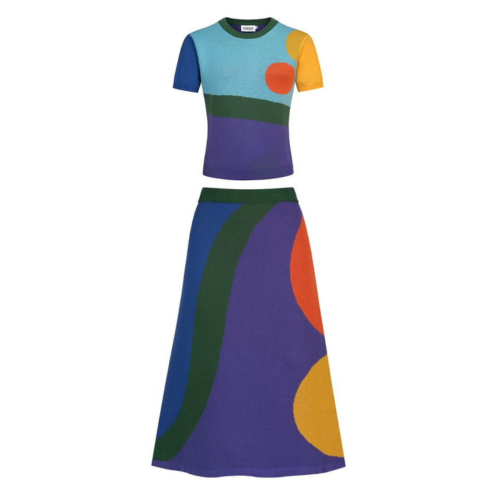 Robe ensemble en maille jacquard à motifs géométriques abstraits des années 70 pour femme