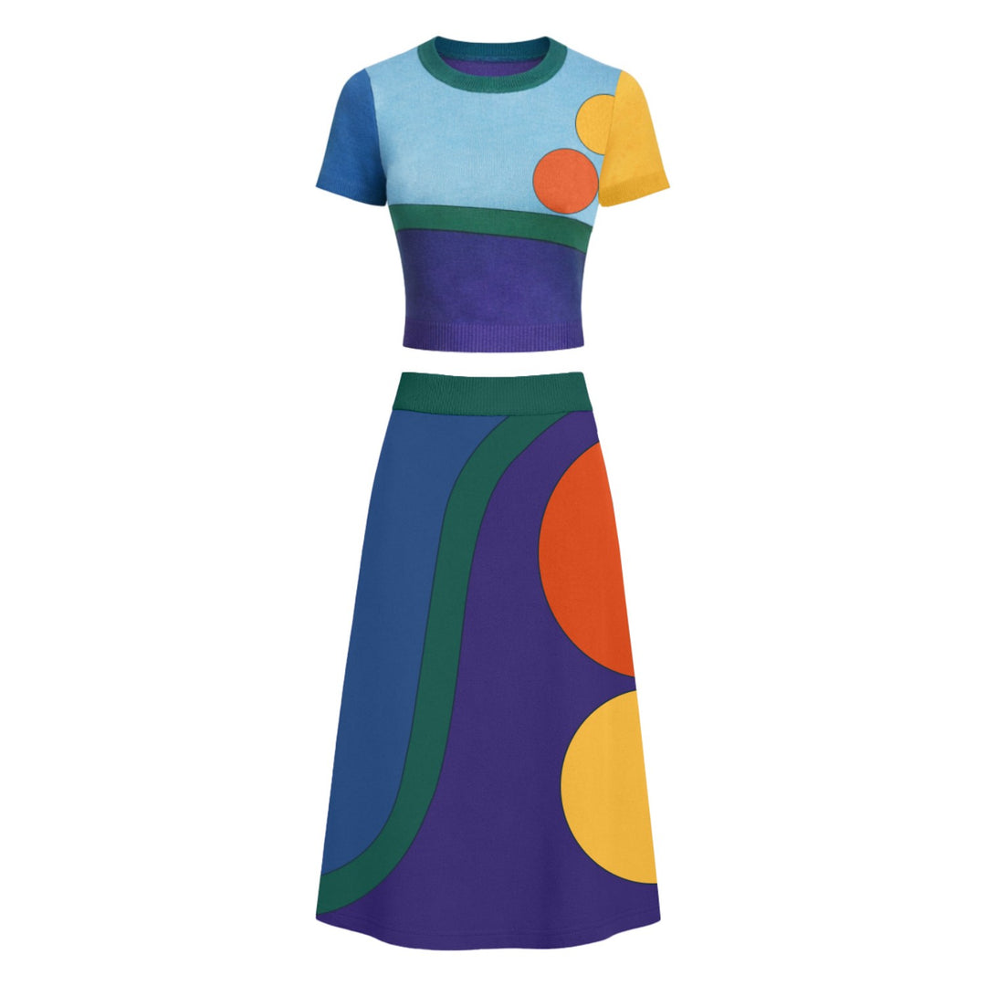 Women's 70s Abstract Geometric Art Jacquard Knit Dress Set, Colored / L Women's 70s Abstract Geometric Art Jacquard Knit Dress Set, Colored / L