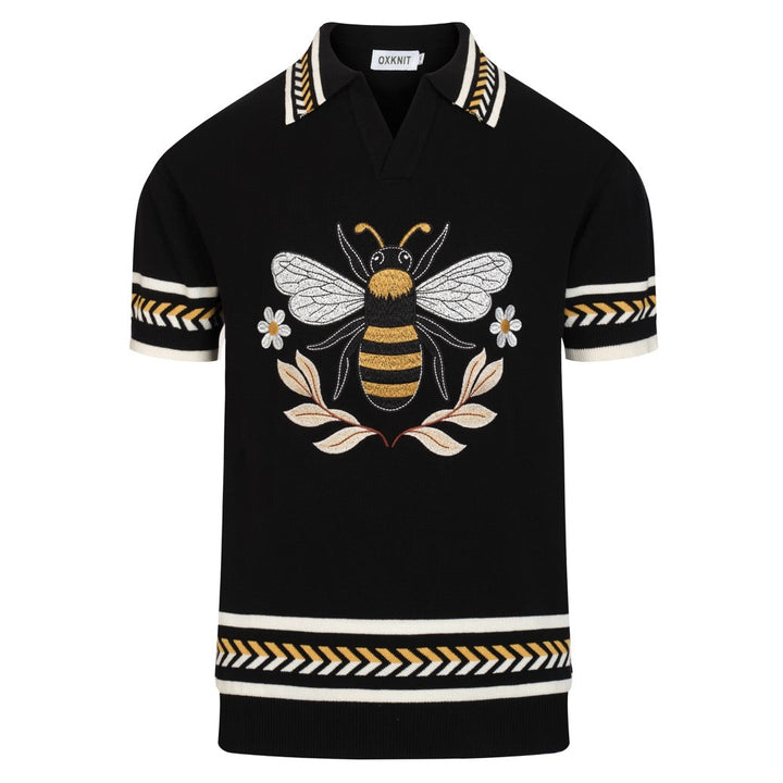 Men's Black Italian Retro Bee Embroidery Polo Knit T-Shirt