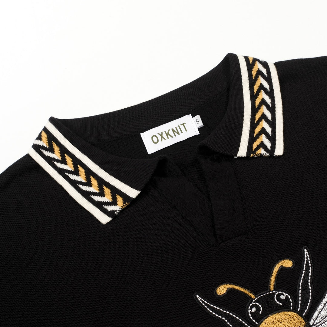 Men's Black Italian Retro Bee Embroidery Polo Knit T-Shirt