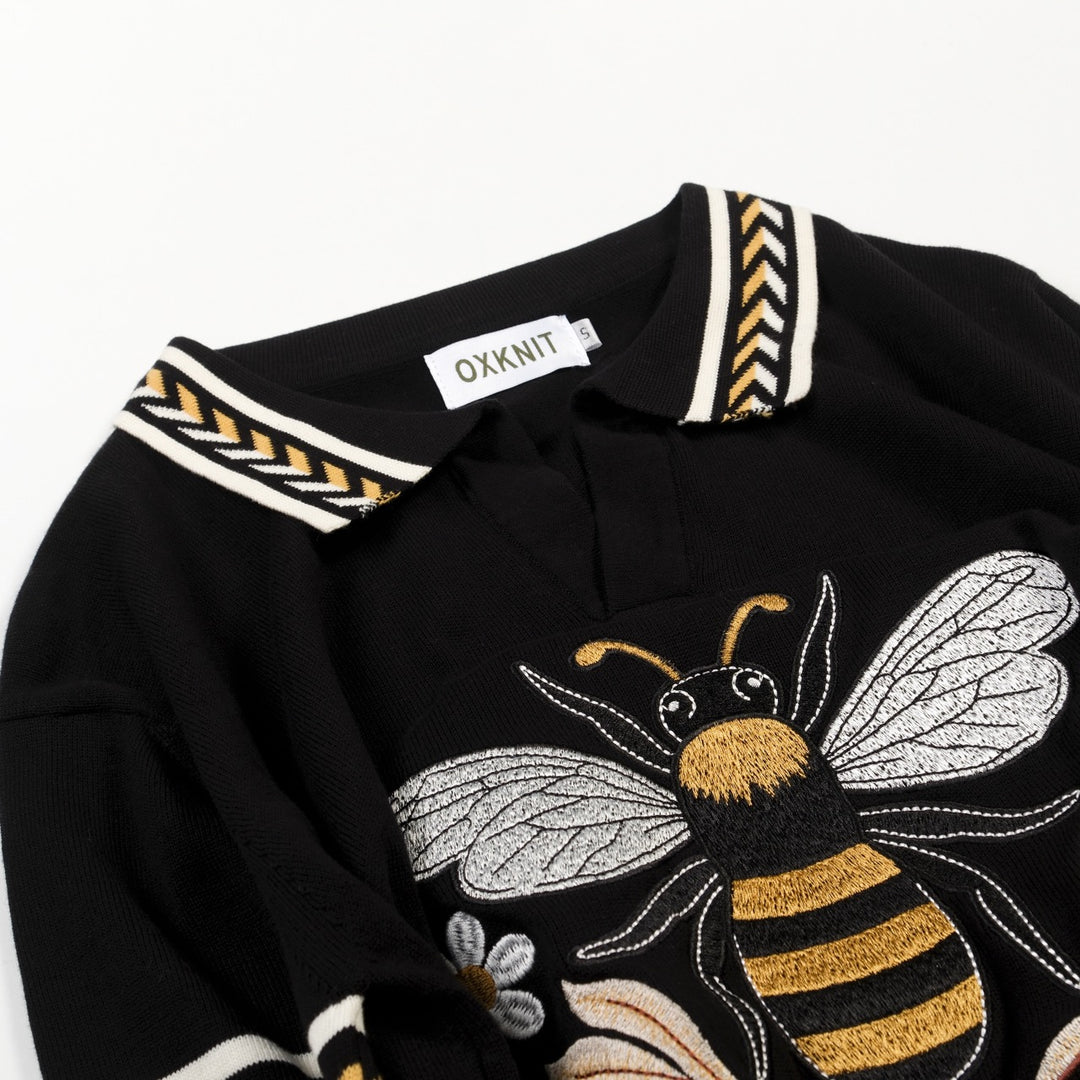 Men's Black Italian Retro Bee Embroidery Polo Knit T-Shirt