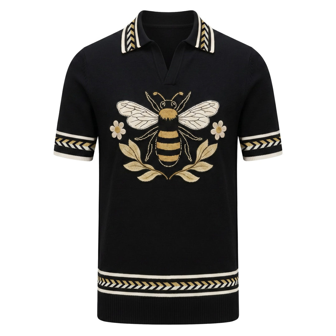 Heren Zwarte Italiaanse Retro Bij Borduurwerk Polo Gebreid T-Shirt