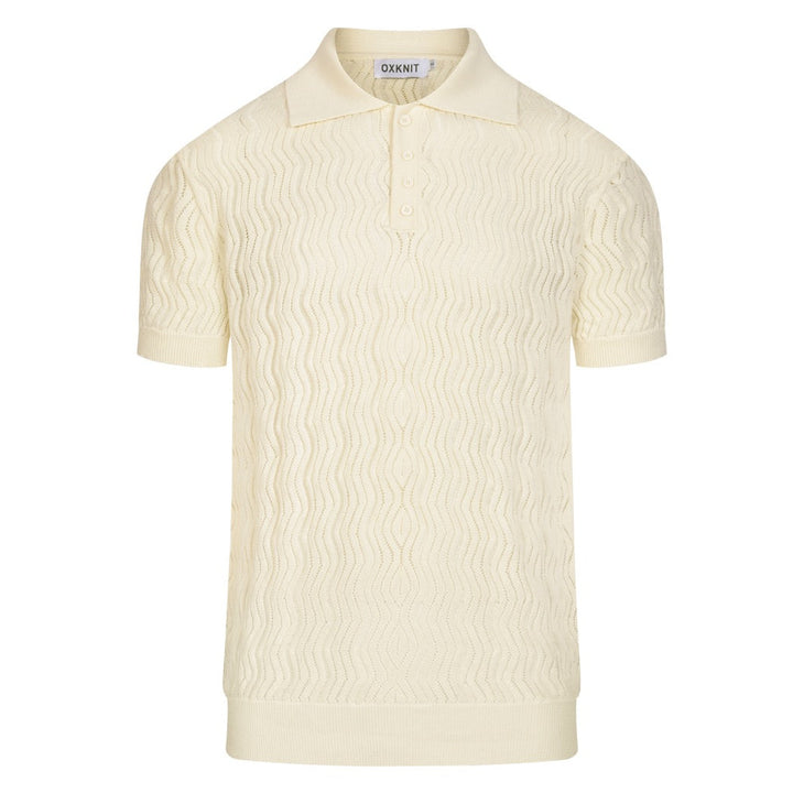Herr Vit 70-tals Old Money Resort Uthålad Stickad Polo T-shirt