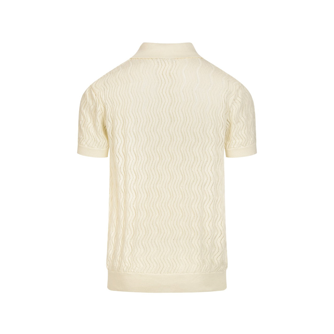 Herr Vit 70-tals Old Money Resort Uthålad Stickad Polo T-shirt