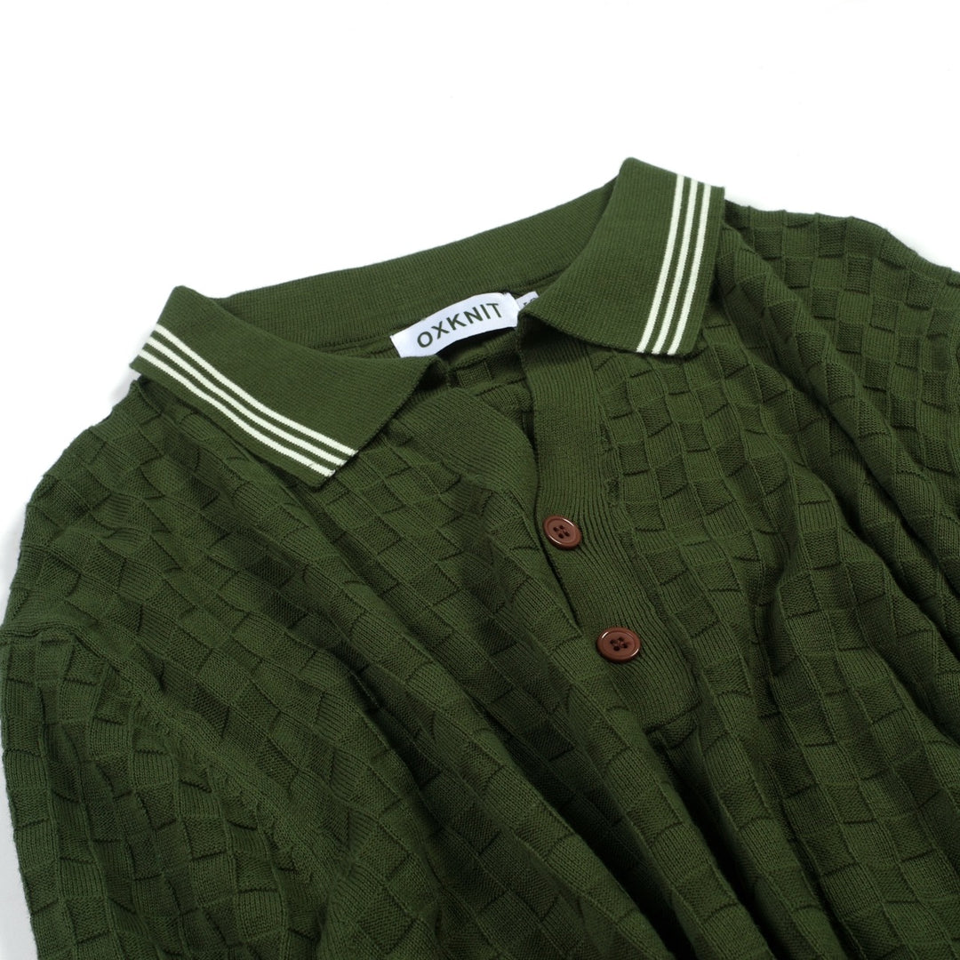 Men's Green 70s Sporty Casual Knit Texture Polo Knit T-Shirt