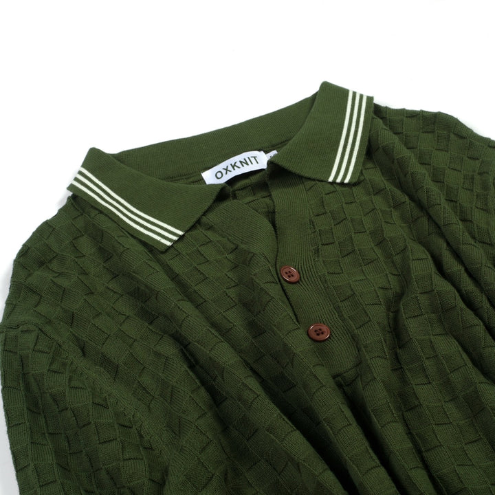 Men's Green 70s Sporty Casual Knit Texture Polo Knit T-Shirt