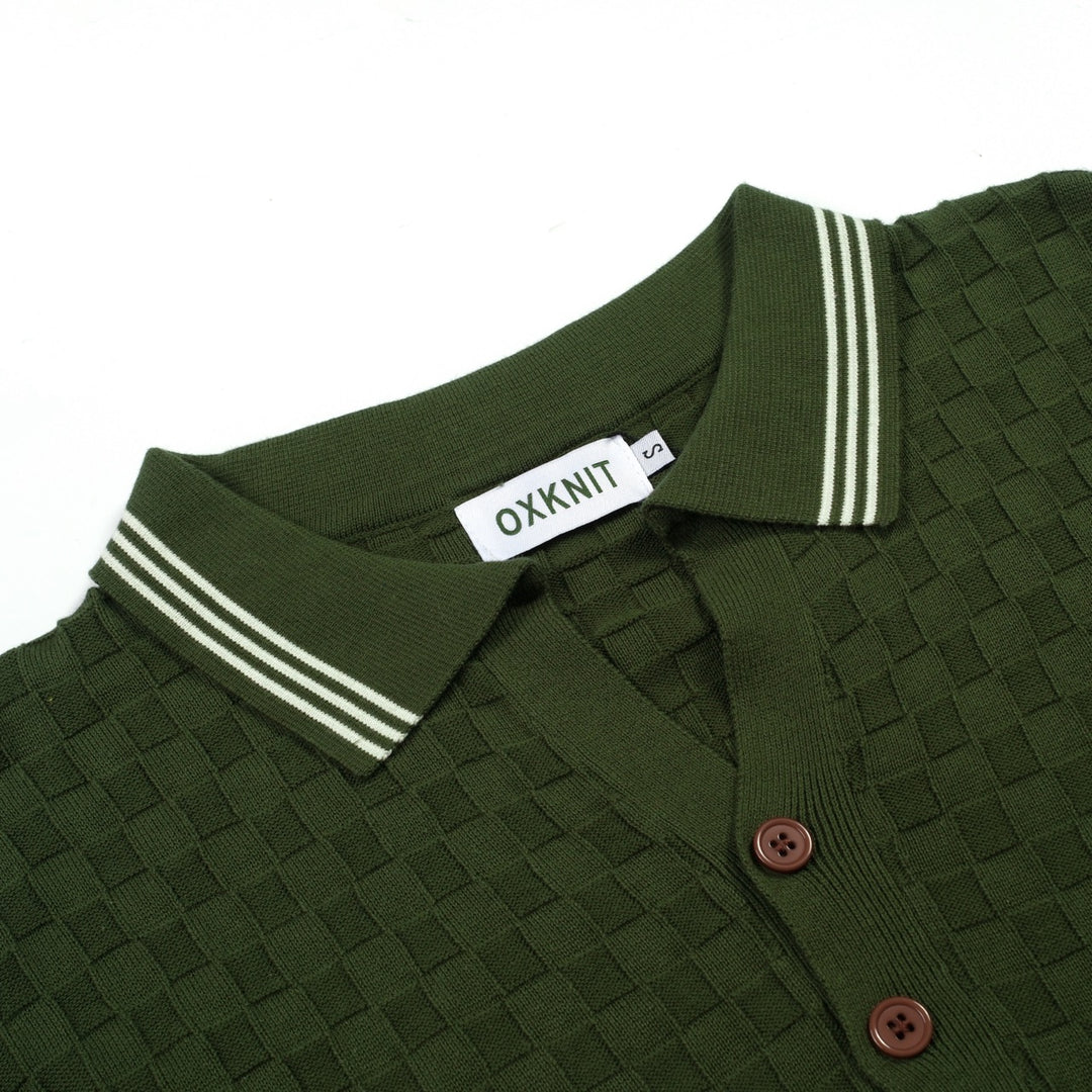 Men's Green 70s Sporty Casual Knit Texture Polo Knit T-Shirt