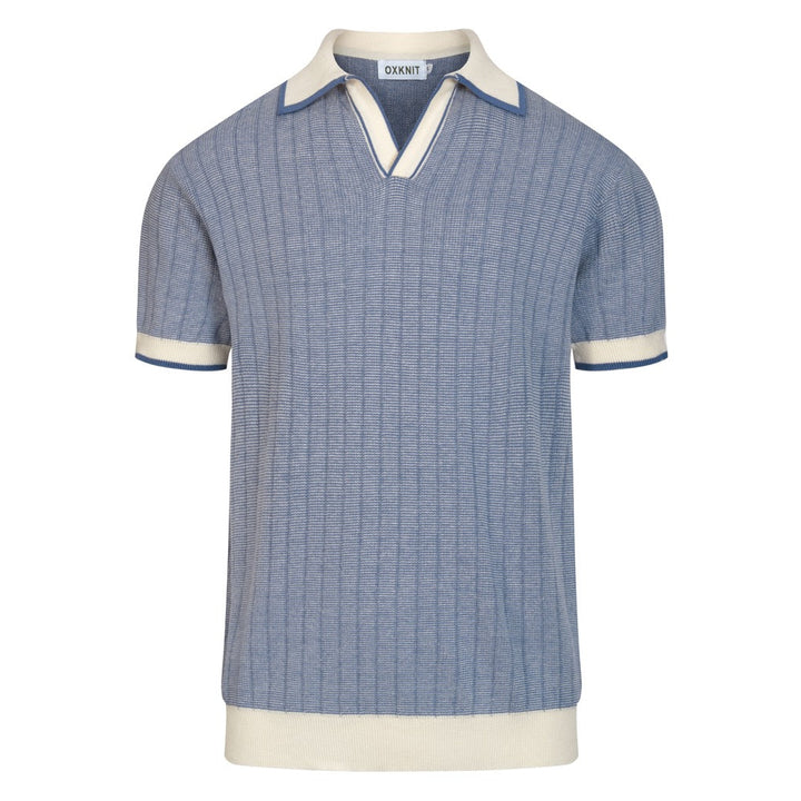 Men's Blue 70s American Sports Style Polo Knit T-Shirt