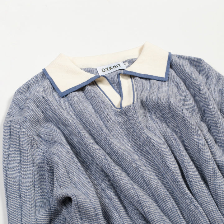 Men's Blue 70s American Sports Style Polo Knit T-Shirt