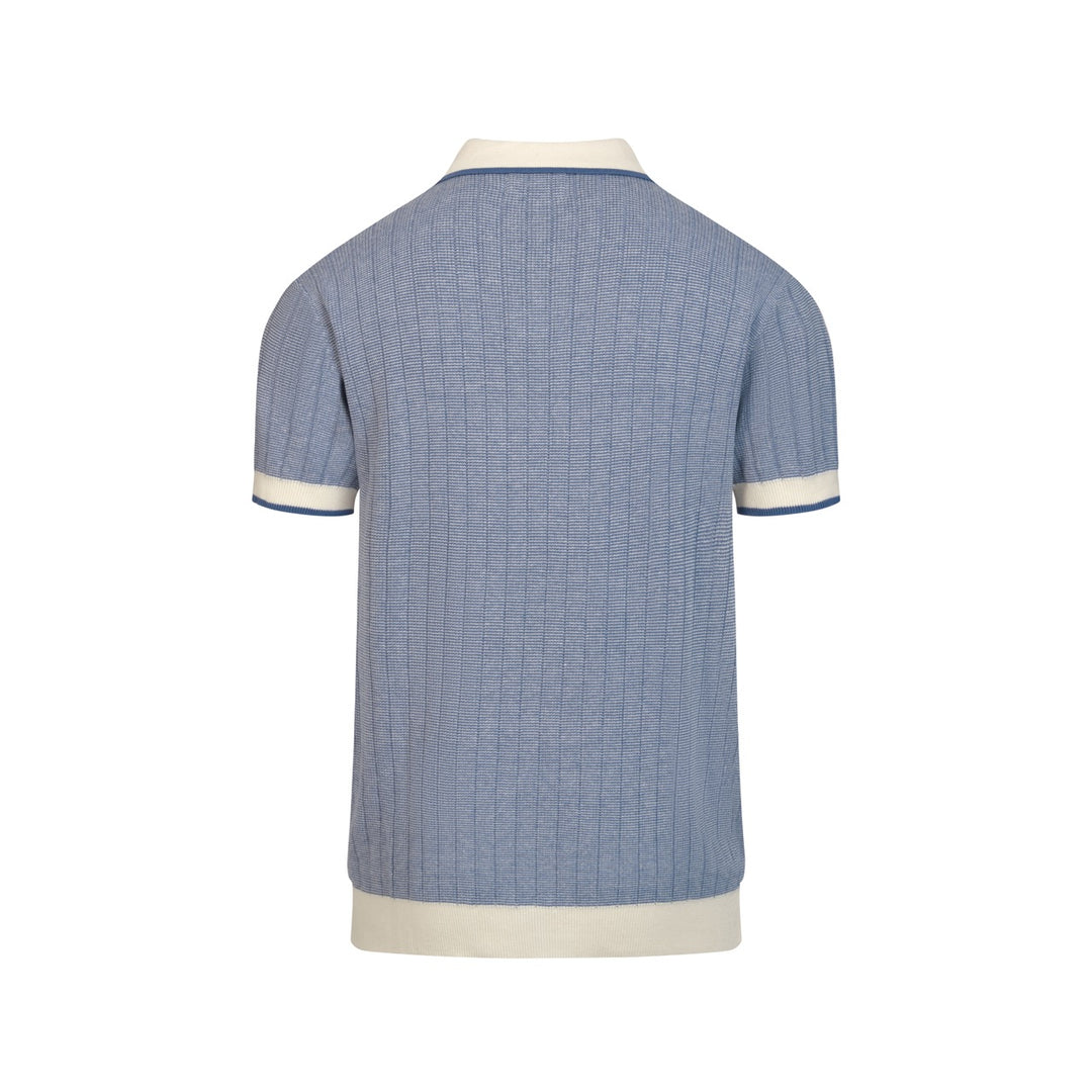 Men's Blue 70s American Sports Style Polo Knit T-Shirt
