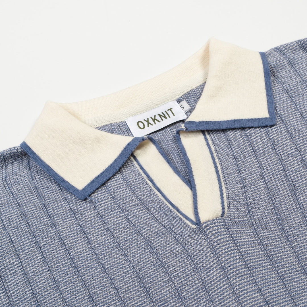 Men's Blue 70s American Sports Style Polo Knit T-Shirt