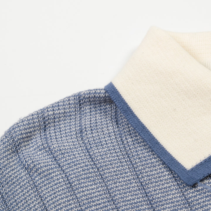 Men's Blue 70s American Sports Style Polo Knit T-Shirt
