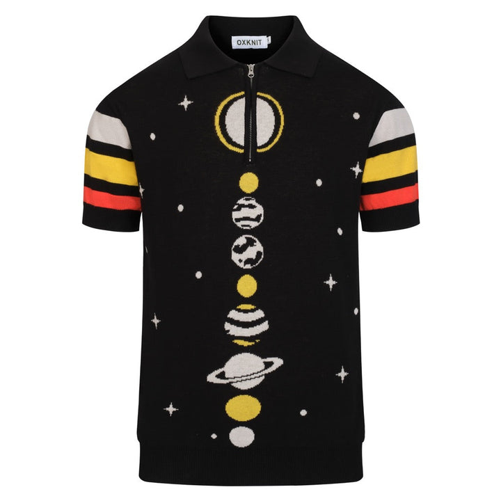 Ανδρικό Μαύρο Ρετρό Πλεκτό T-Shirt με Γιακά Polo, Φερμουάρ και Θεματική Πλανητών