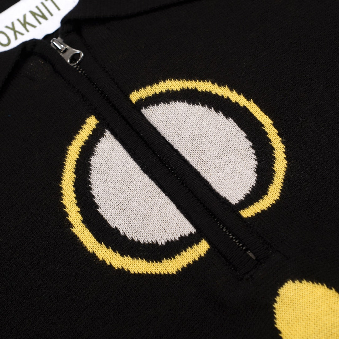 Ανδρικό Μαύρο Ρετρό Πλεκτό T-Shirt με Γιακά Polo, Φερμουάρ και Θεματική Πλανητών