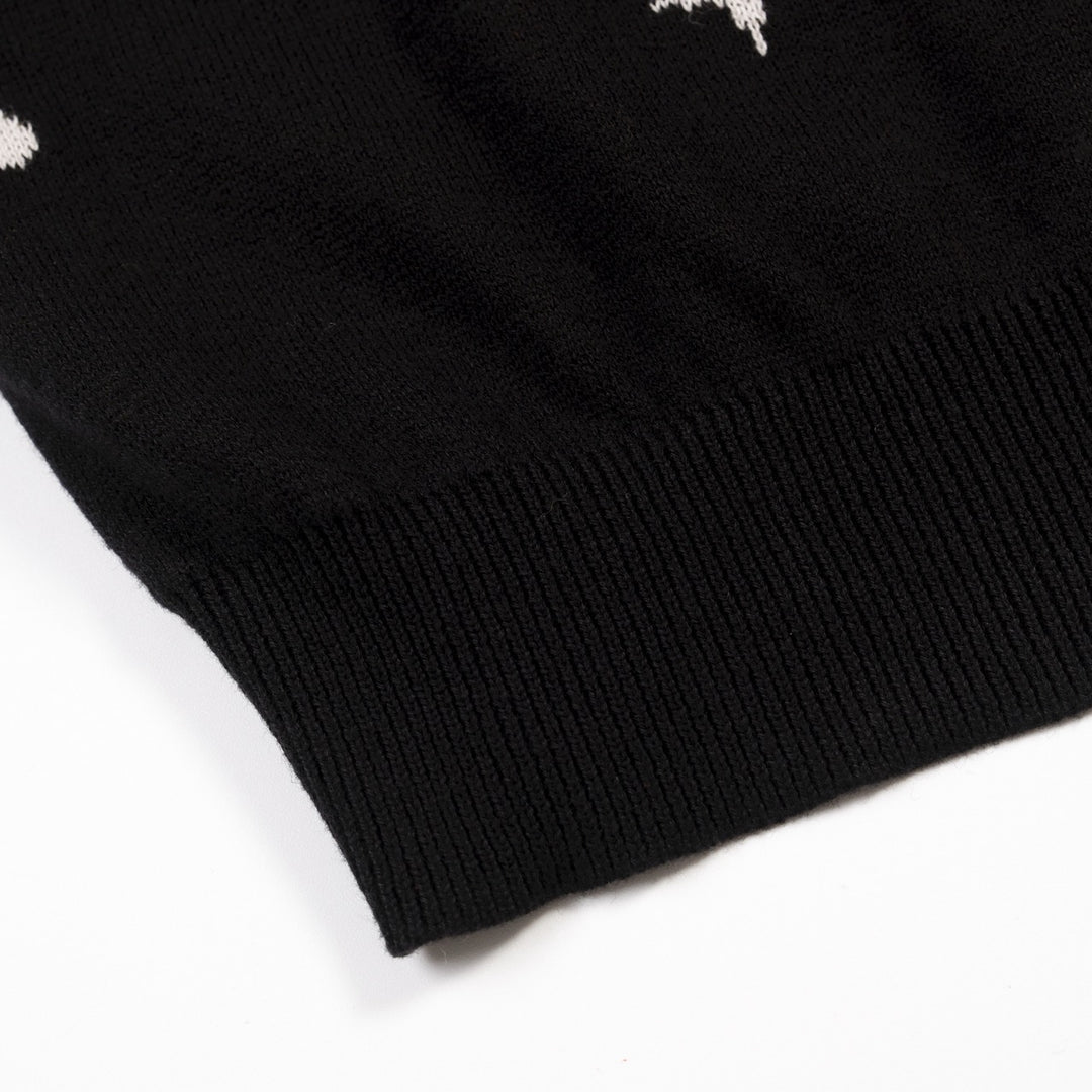Ανδρικό Μαύρο Ρετρό Πλεκτό T-Shirt με Γιακά Polo, Φερμουάρ και Θεματική Πλανητών