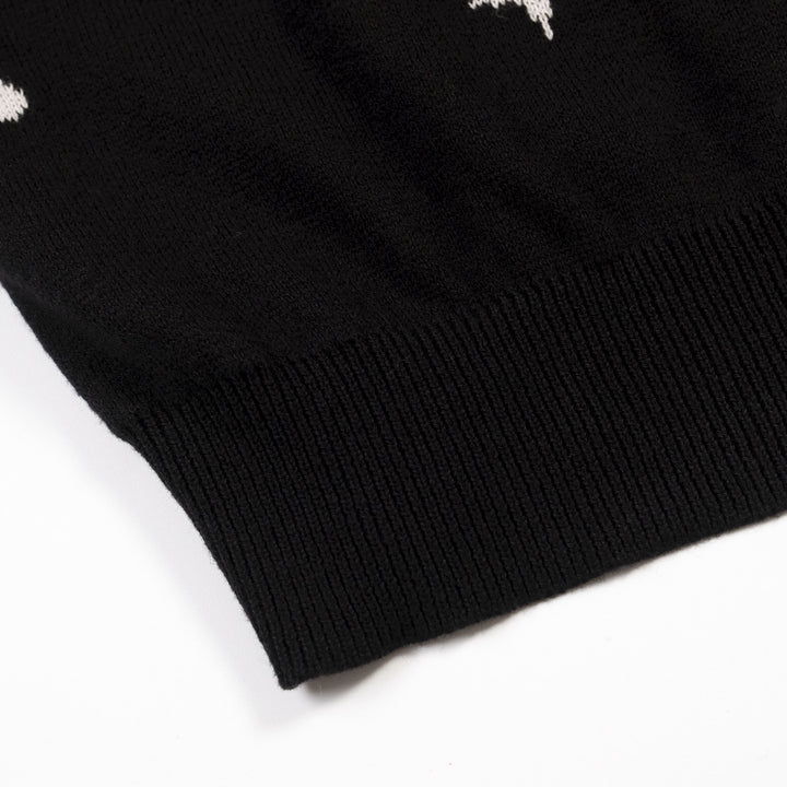 Ανδρικό Μαύρο Ρετρό Πλεκτό T-Shirt με Γιακά Polo, Φερμουάρ και Θεματική Πλανητών