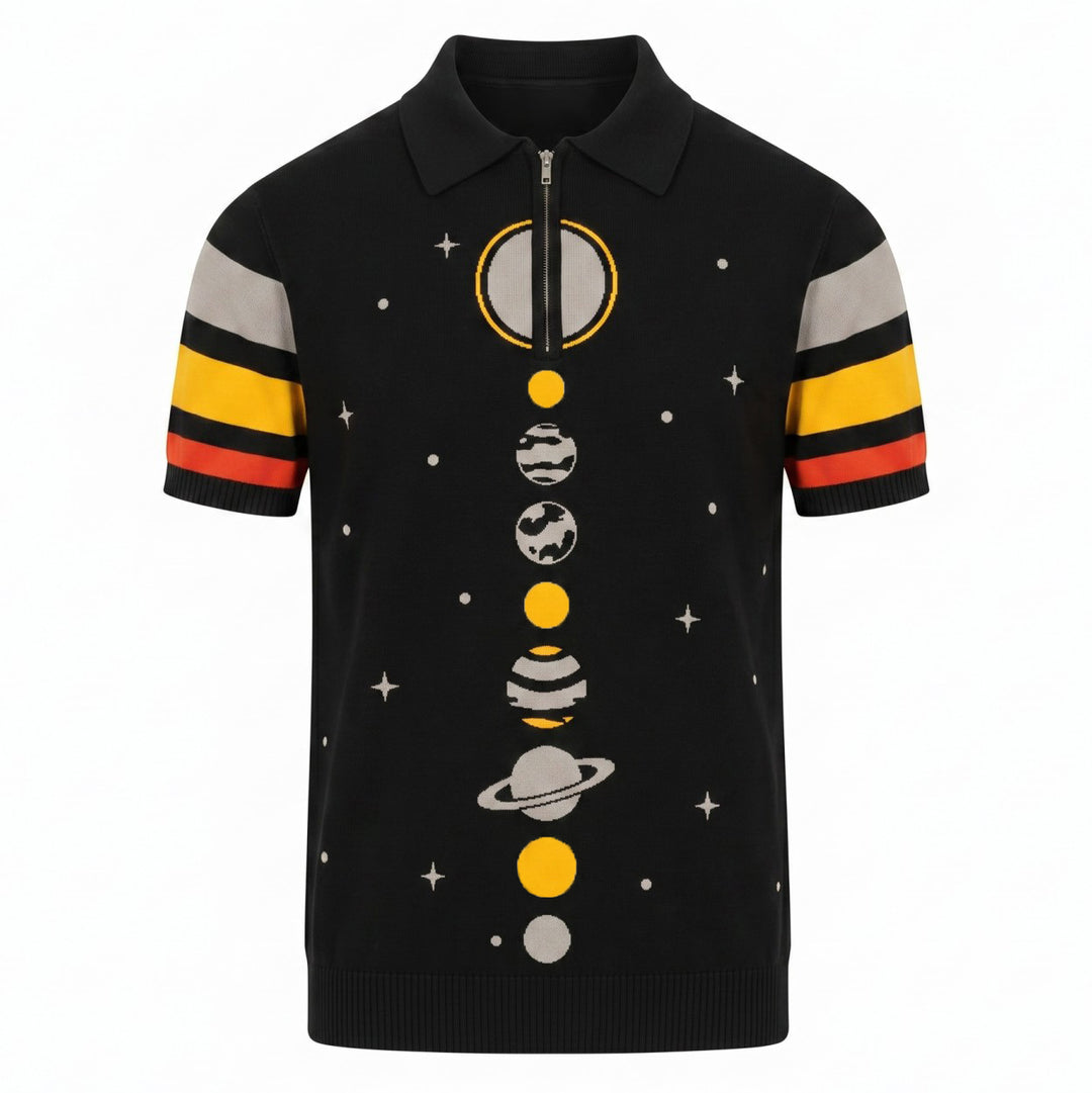 Heren Zwarte Retro Creatief Planeet-thema Polo Kraag Rits Gebreid T-Shirt