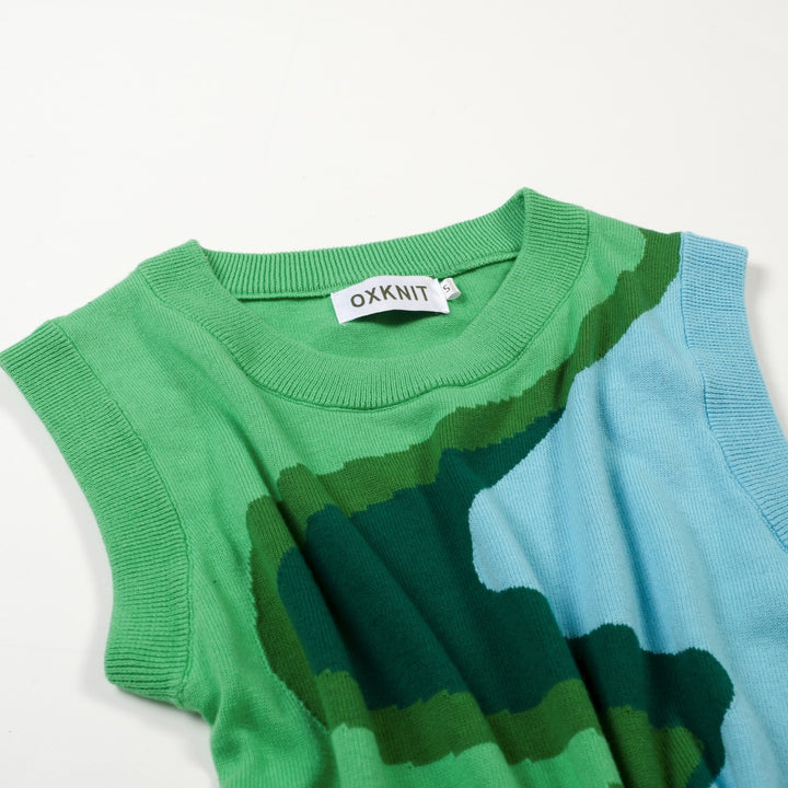 Conjunto de Vestido de Malha Jacquard Verde Pop Art dos Anos 70 para Mulher
