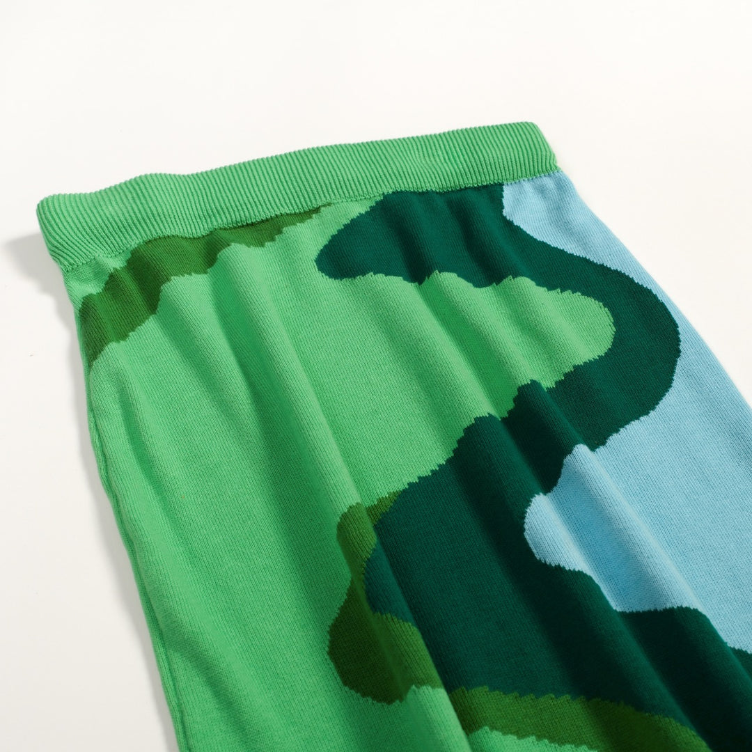 Conjunto de Vestido de Malha Jacquard Verde Pop Art dos Anos 70 para Mulher