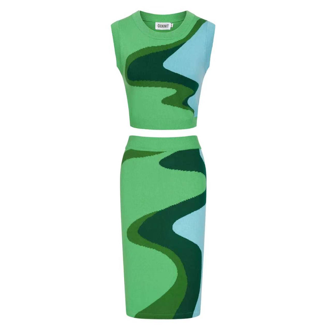 Women's 70s Green Pop Art Jacquard Knit Tank Dress Set, Green / L