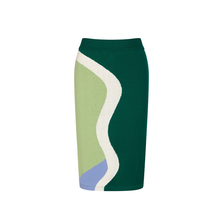 Conjunto de Vestido de Malha Verde Retro Feminino com Design Irregular em Blocos de Cor