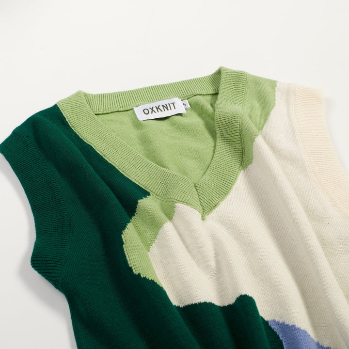 Conjunto de Vestido de Malha Verde Retro Feminino com Design Irregular em Blocos de Cor